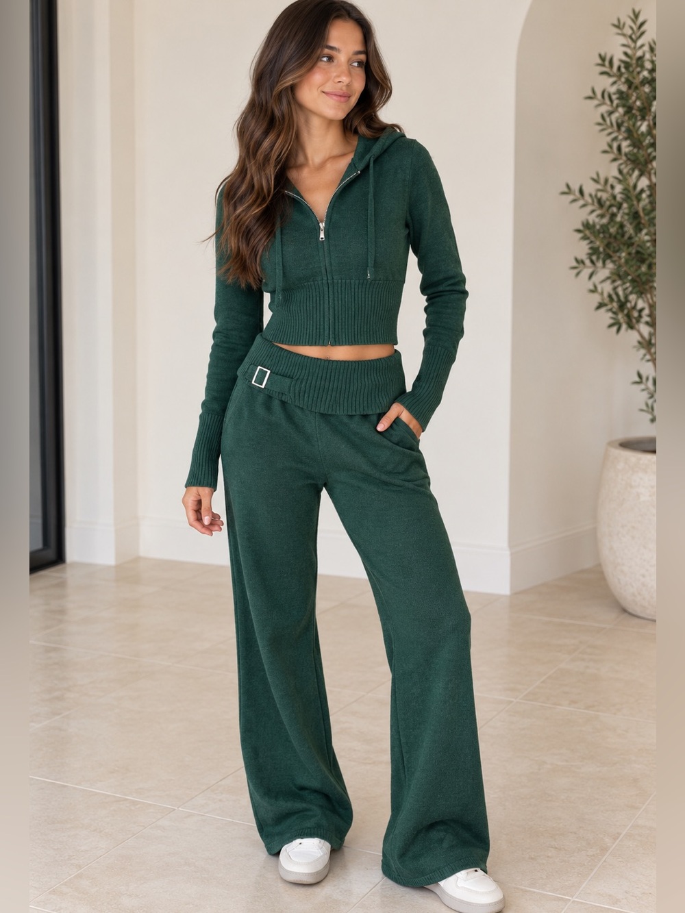 Wide-Leg Knit Pants with Fold-Over Waistband and cropped sweater Set